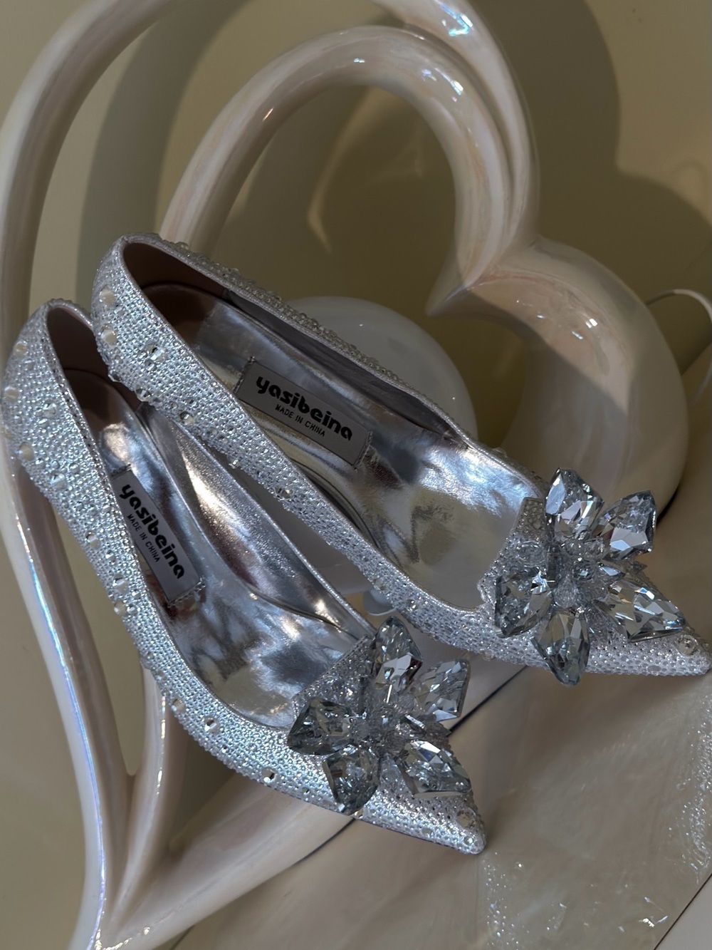 Crystal Embellished Pointed Toe Pumps in Silver - Picture 14 of 16